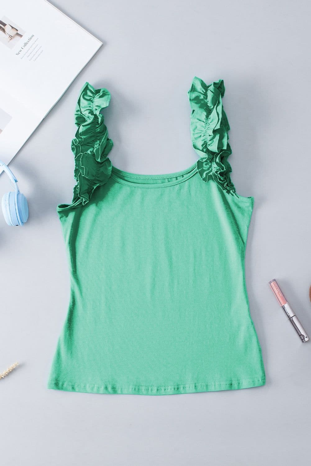 image-Black Ruffled Wide Straps Slim Tank Top