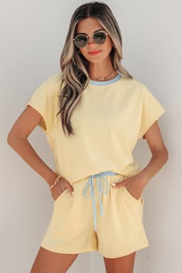 image-Aqua Soft Ribbed Color Block Trim Casual Shorts Set
