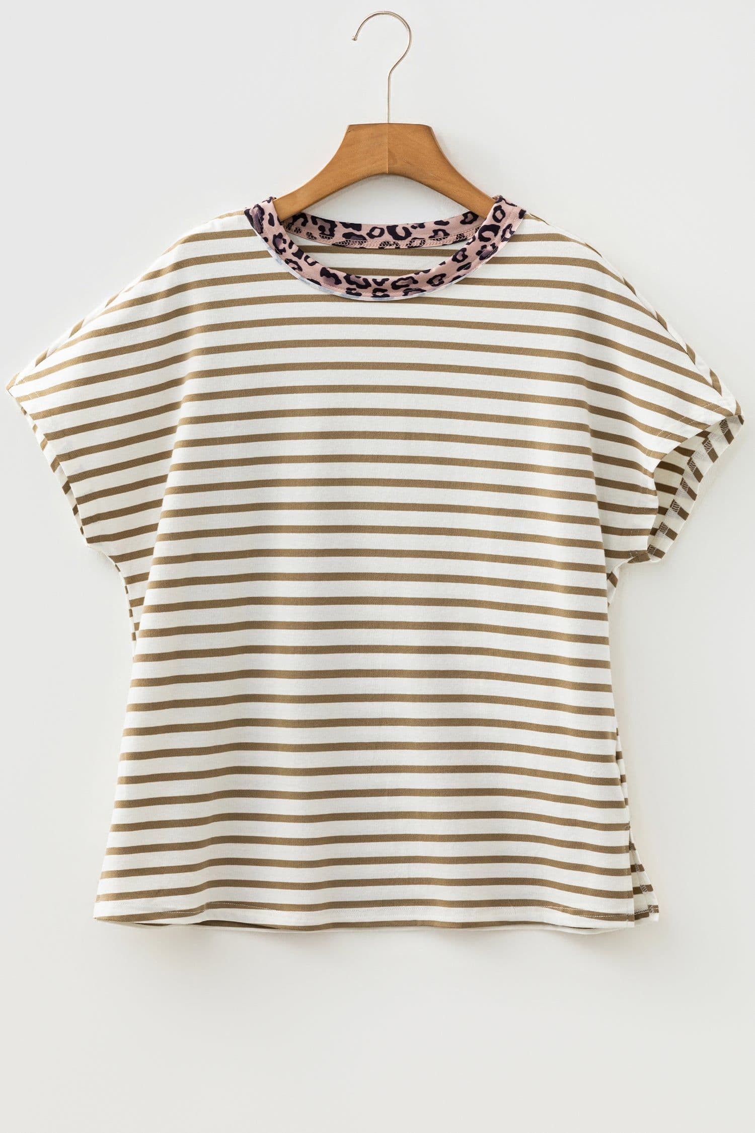 image-Khaki Stripe Leopard Patchwork T-Shirt