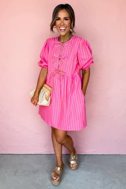 image-Rose Striped Print Bow Detail Short Puff Sleeve Mini Dress