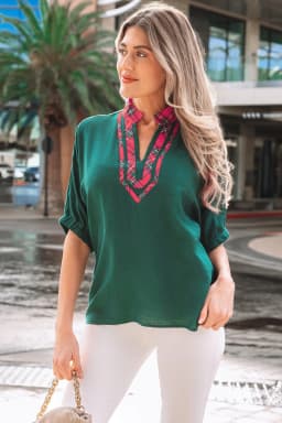 image-Evergreen Plaid Patchwork V-Neck Half Sleeve Blouse