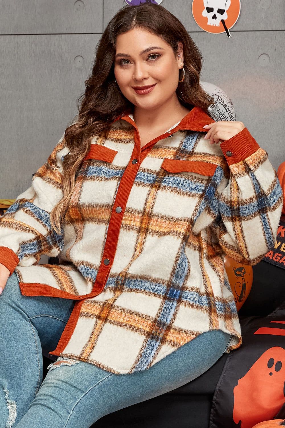 image-Brown Stripe Plaid Print Plus Size Jacket