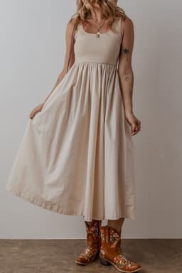 image-Beige Scoop Neck Ribbed Bodice Pleated Sleeveless Long Dress