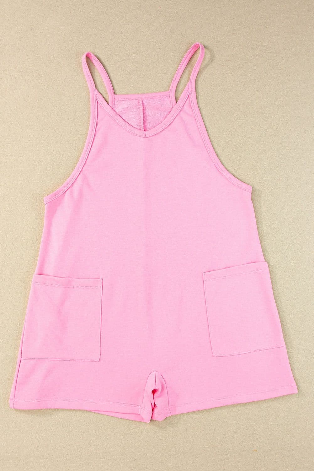 image-Pink Sleeveless V Neck Jersey Romper with Pockets