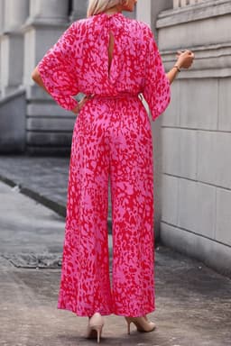 image-Leopard Print Wide Leg Jumpsuit - Rose Belted Loose Fit