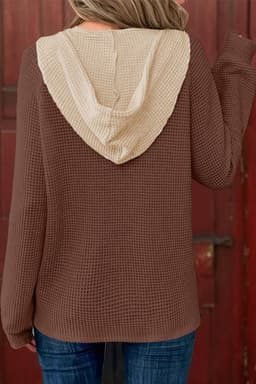 image-Coffee Waffle Contrast Half Buttoned Hooded Pullover Top