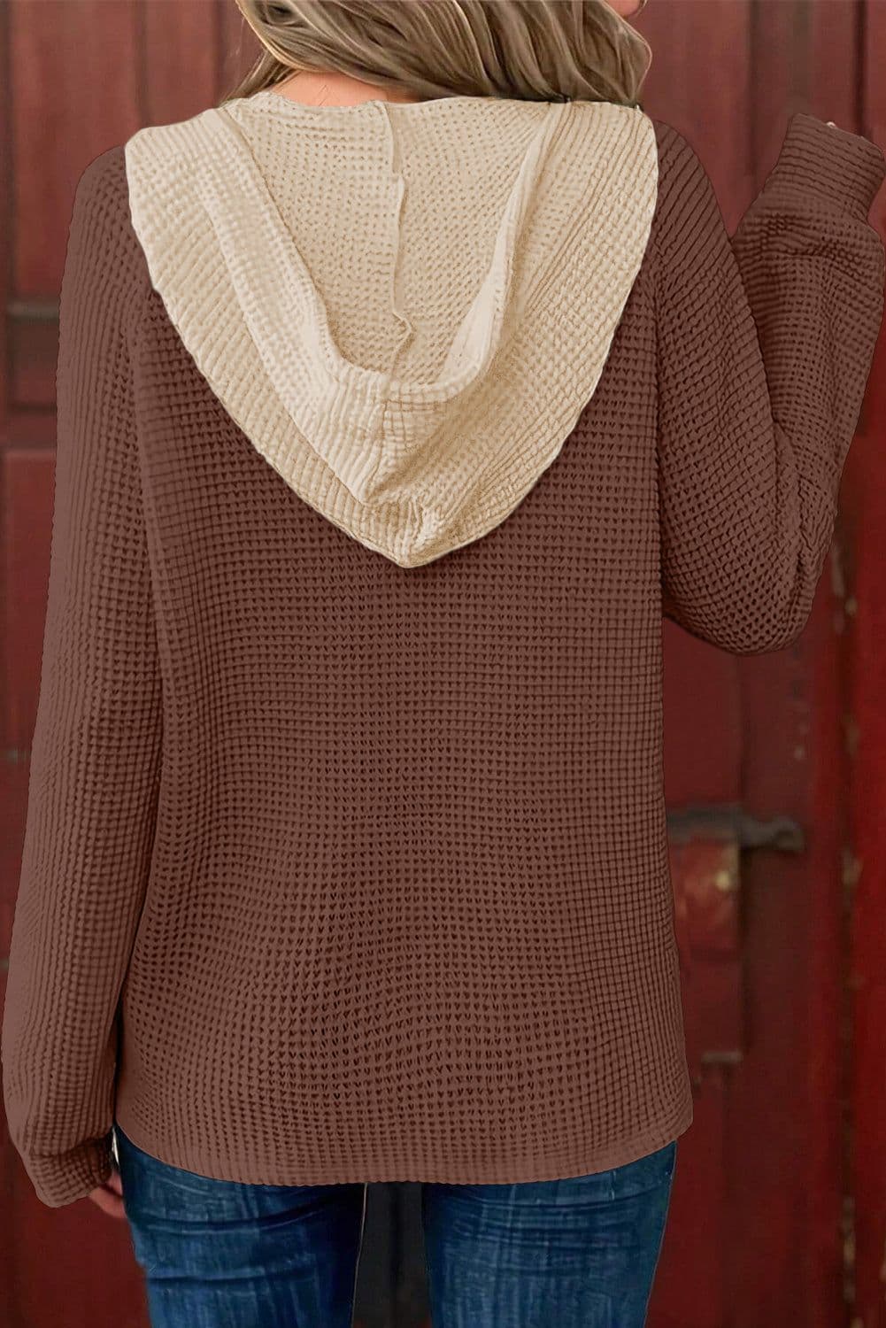 image-Coffee Waffle Contrast Half Buttoned Hooded Pullover Top