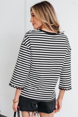 image-Sachet Pink Striped Print Drop Shoulder Lace Trim Bracelet Sleeve Loose Top