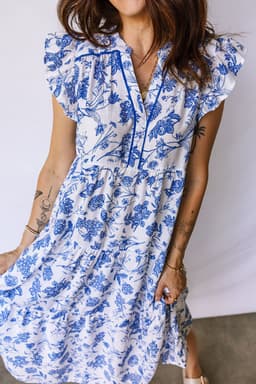 image-Blue Ruffled Short Sleeve Tiered Floral Midi Dress
