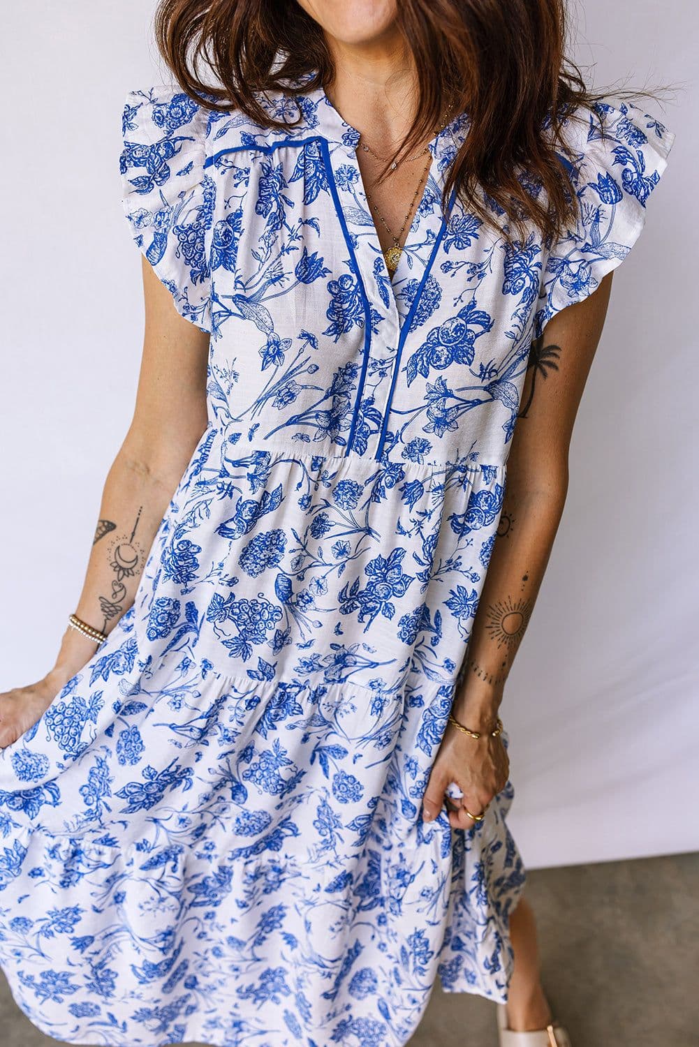 image-Blue Ruffled Short Sleeve Tiered Floral Midi Dress