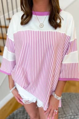 image-Pink Stripe Patchwork Plus Size T-Shirt