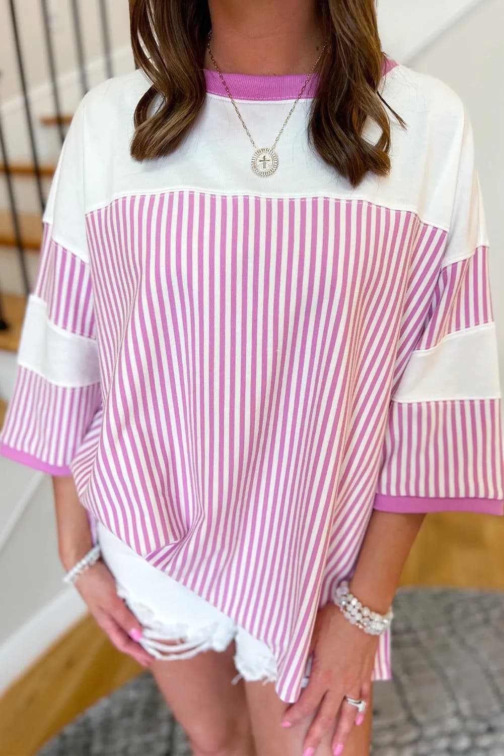 image-Pink Stripe Patchwork Plus Size T-Shirt