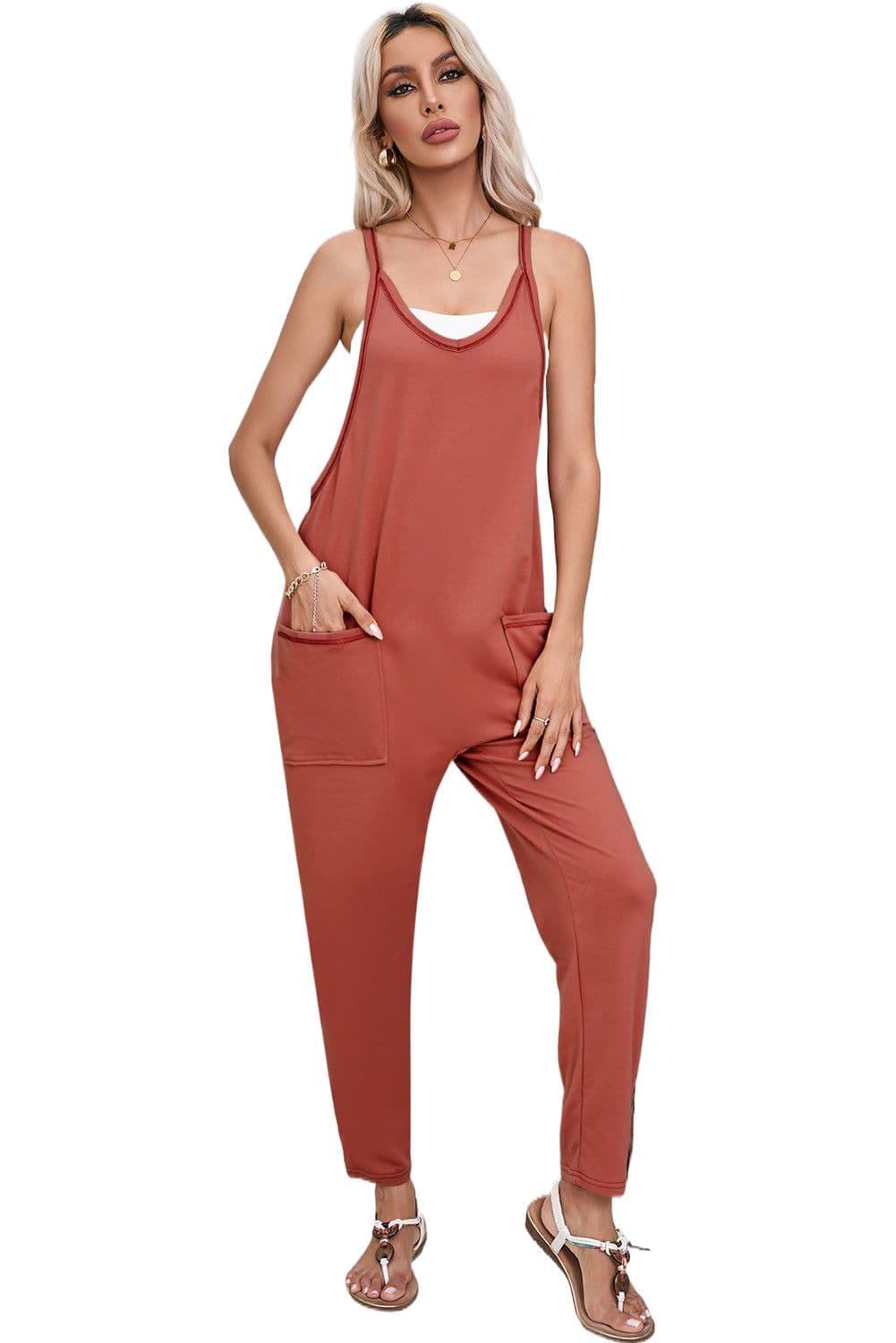 image-Black Harem Pants Jumpsuit V Neck Sleeveless Side Pockets Fashion Jumpsuit