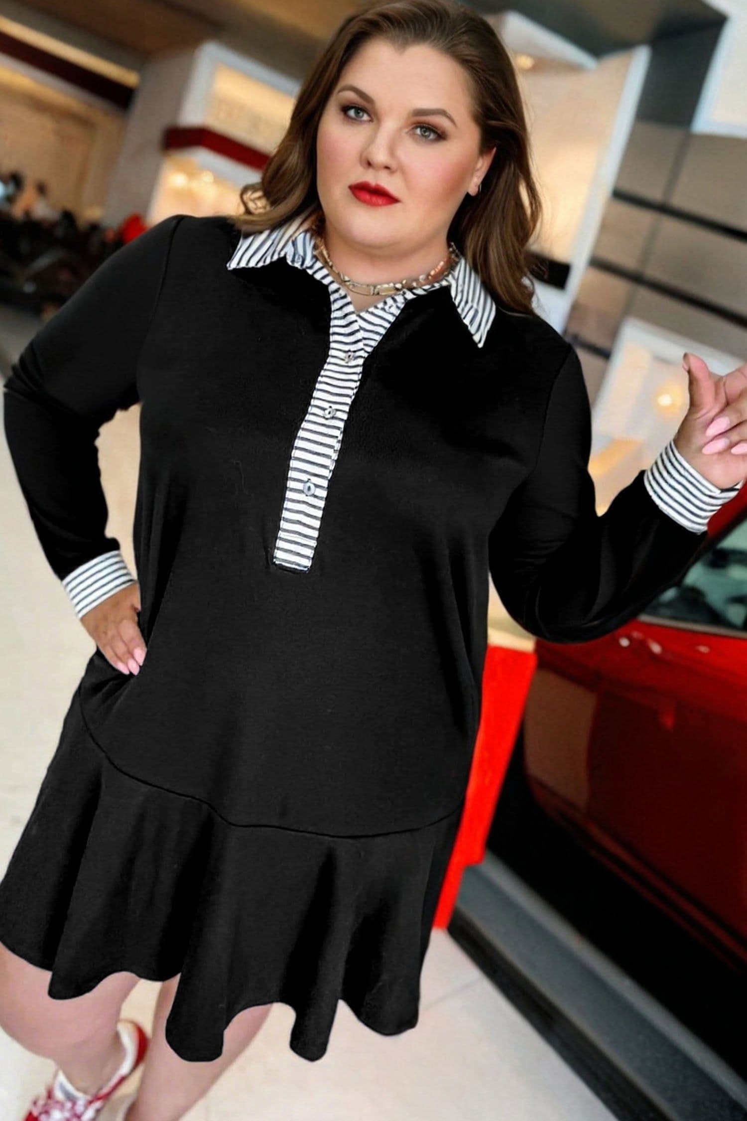 image-Black Plus Size Striped Polo Dress - Patchwork Ruffle Hem