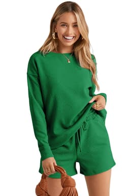 image-Textured Long Sleeve Top & Drawstring Shorts Set - Green