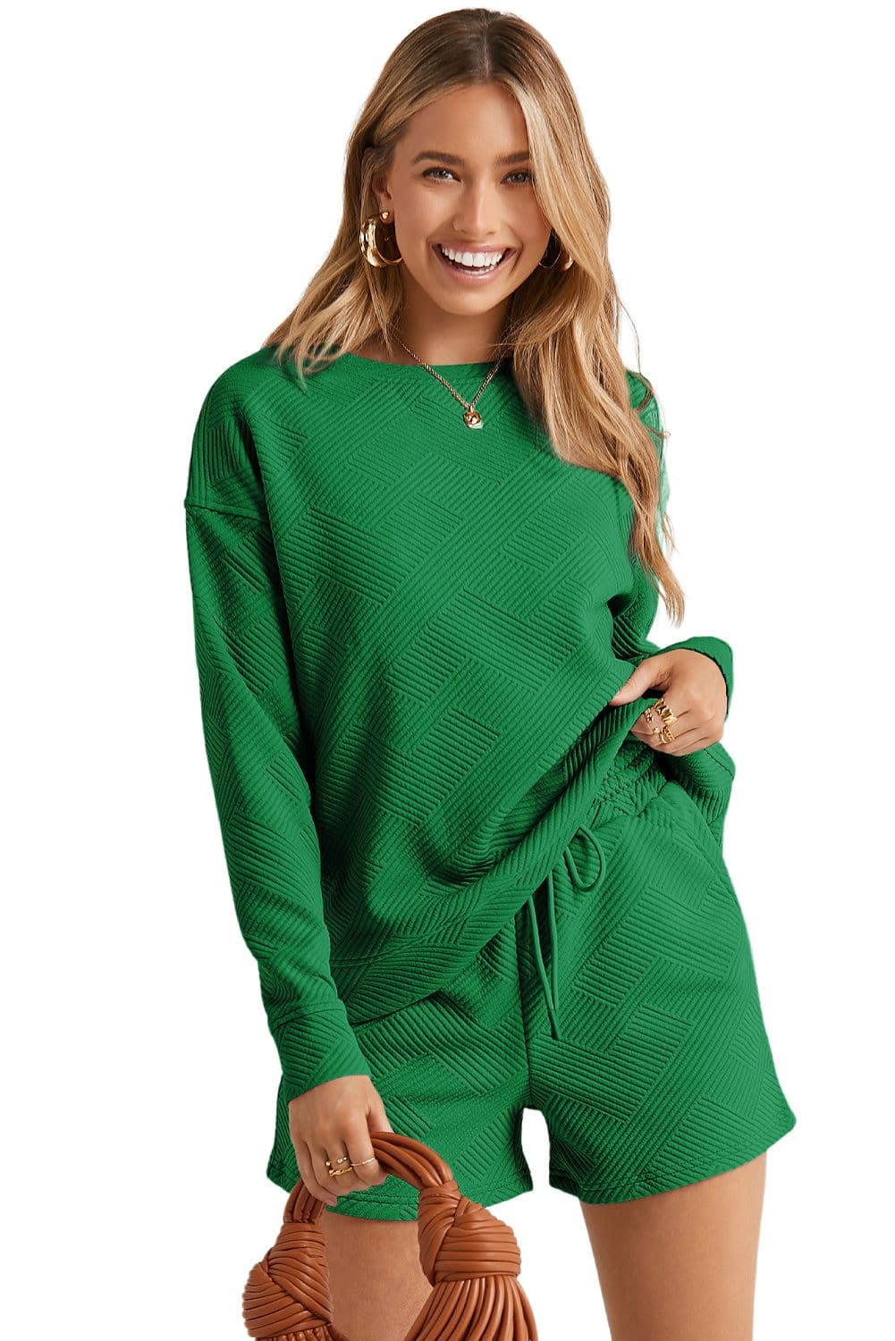 image-Textured Long Sleeve Top & Drawstring Shorts Set - Green