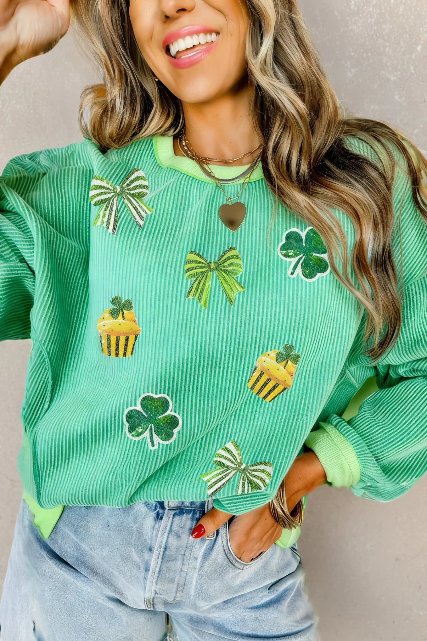 image-Bright Green Twisted Rib St Patricks Day Sequin Patch Graphic Long Sleeve Top