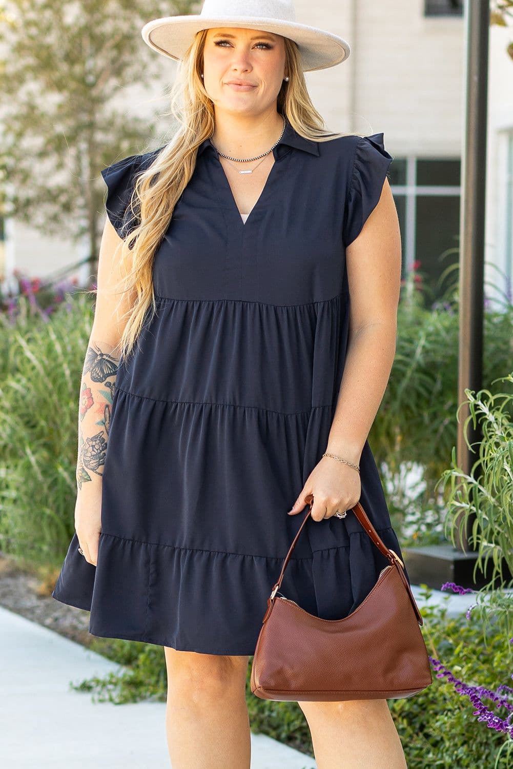 image-Navy Blue Collared V Neck Flutter Sleeve Tiered Dress