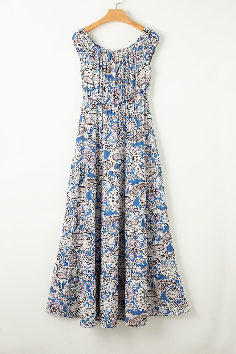image-Blue Boho Paisley Print Off Shoulder Maxi Dress