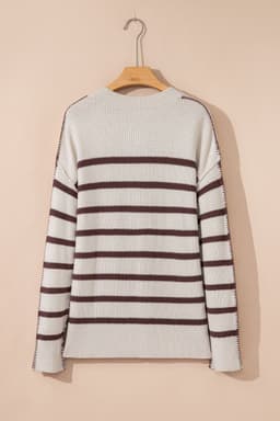 image-Brown Stripe Ribbed Henley Drop Shoulder Slouchy Sweater