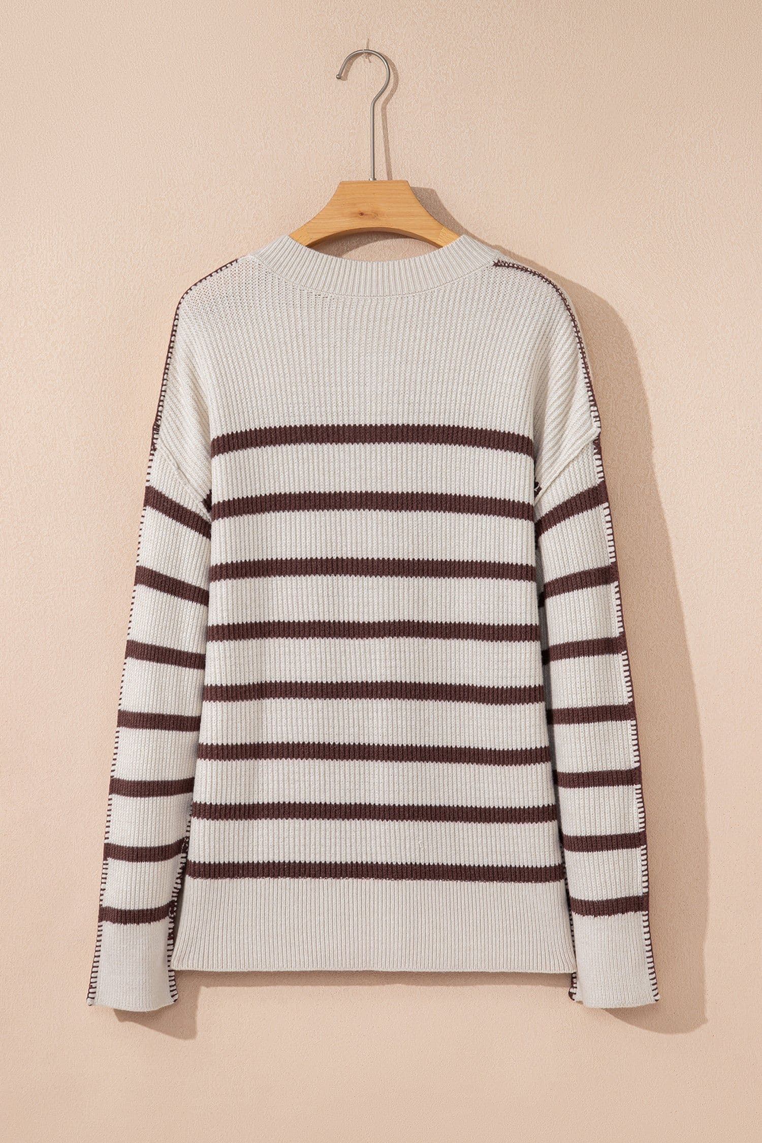 image-Brown Stripe Ribbed Henley Drop Shoulder Slouchy Sweater