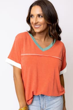 image-Contrast Trim V-Neck T-shirt - Grapefruit Orange