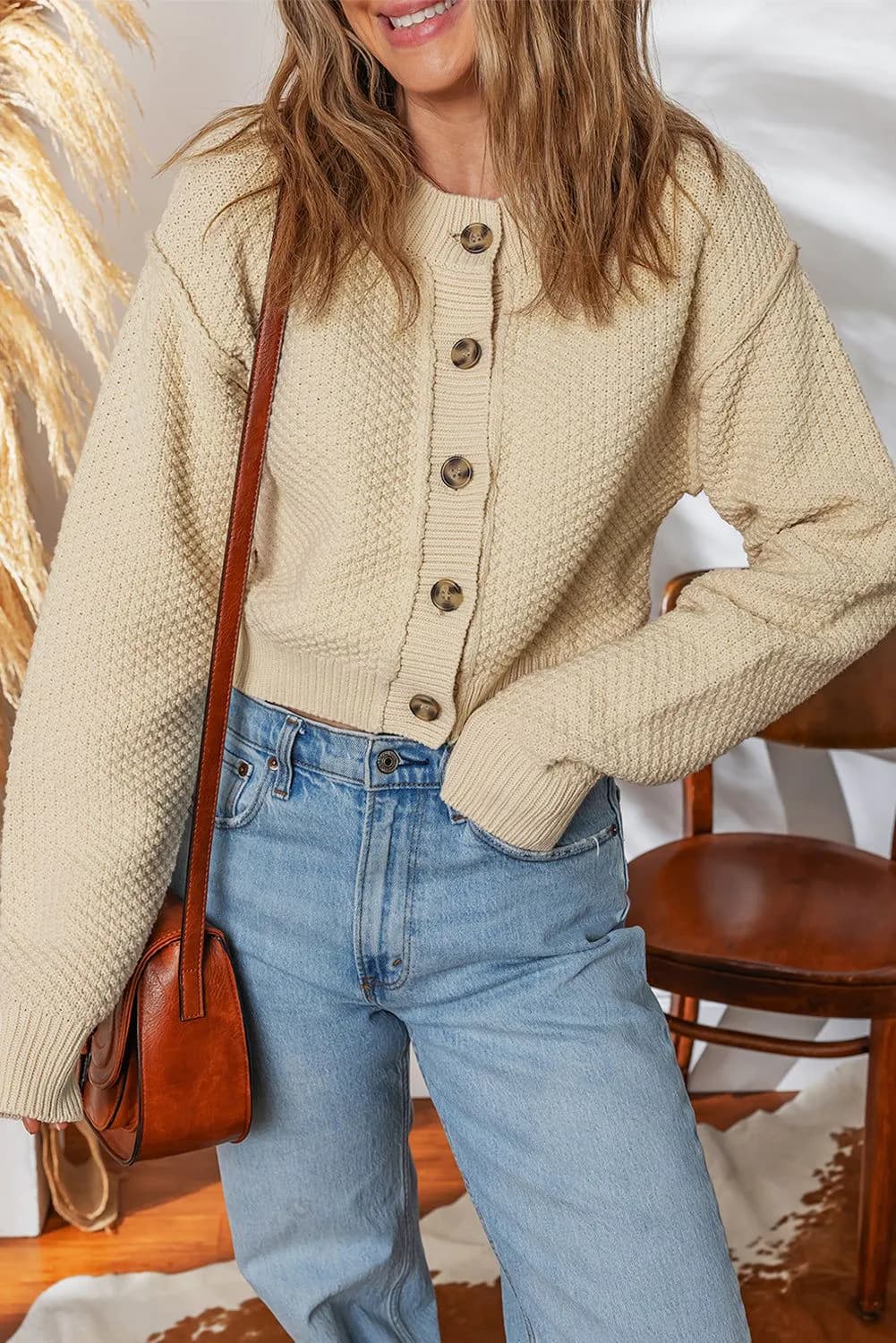 image-Beige Button Front Cropped Cardigan Sweater