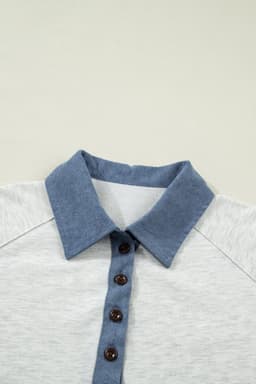 image-Light Grey Denim Color Block Patchwork Shirt Collar Short Sleeve Blouse