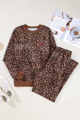 image-Coffee Leopard Print Contrast Trim Long Sleeve Top and Pants Set