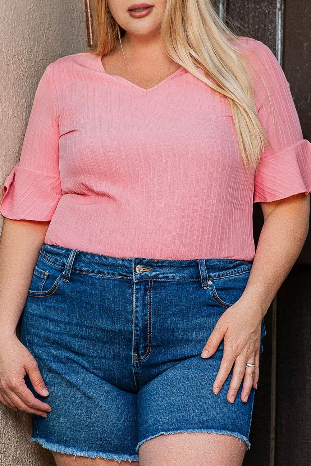 image-Peach Blossom Ruffled V Neck Textured Plus Size Top
