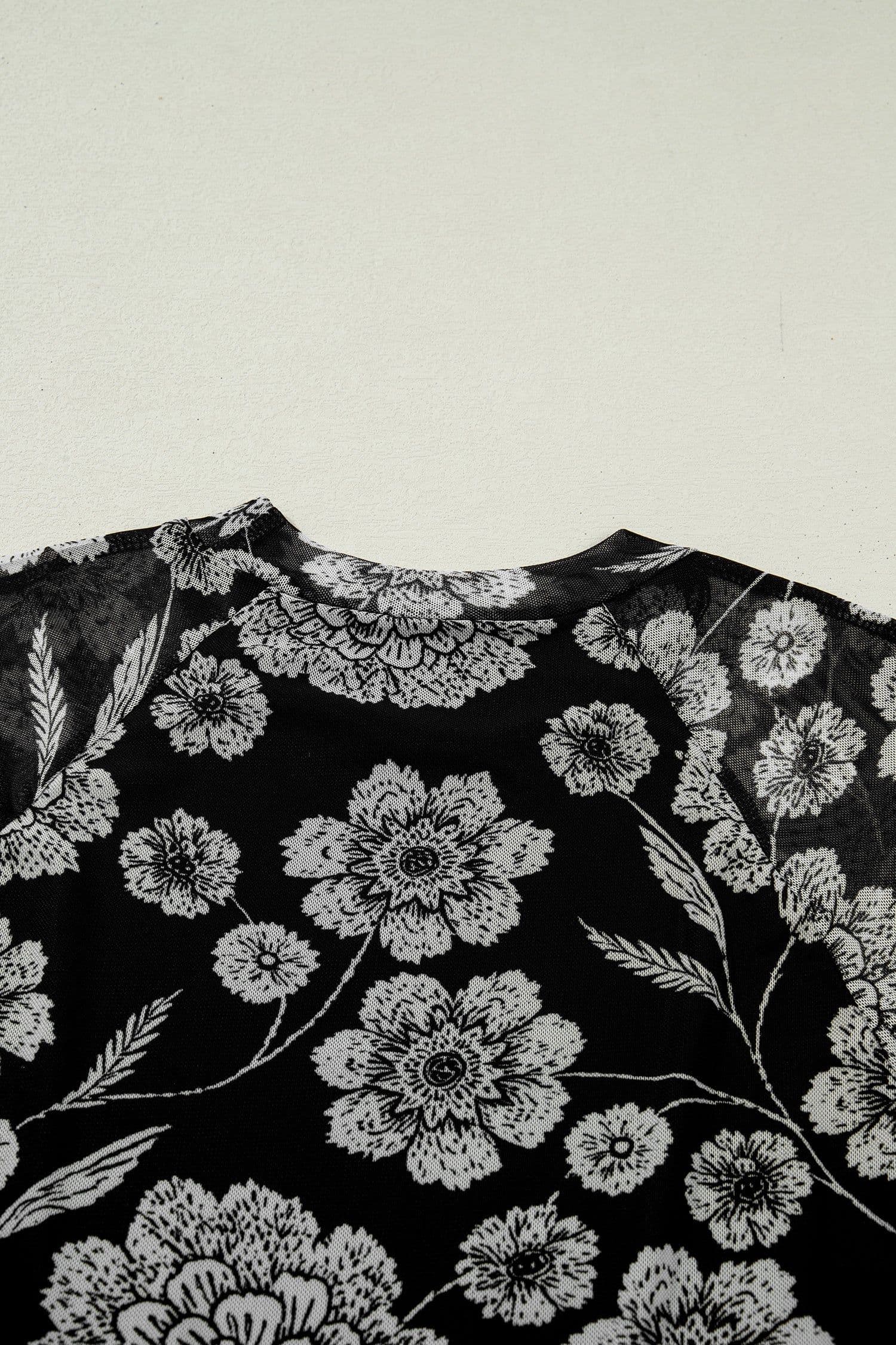 image-Black Thumbhole Long Sleeve Floral Print Mesh Top