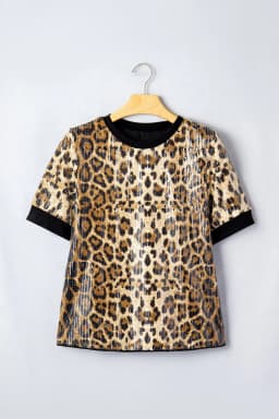 image-Brown Sequin Leopard Pattern Short Sleeve Top