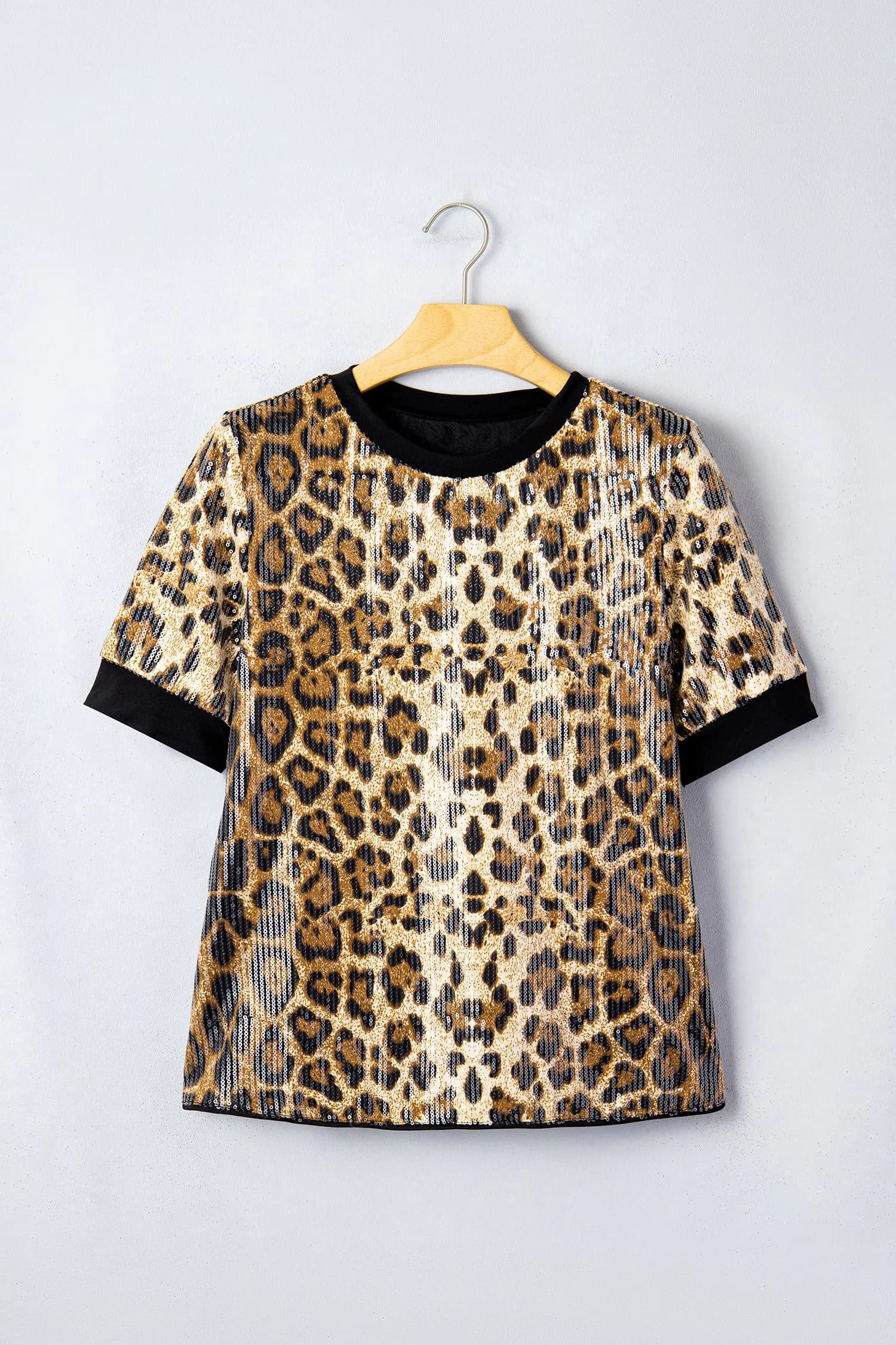 image-Brown Sequin Leopard Pattern Short Sleeve Top