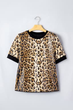 image-Brown Sequin Leopard Pattern Short Sleeve Top