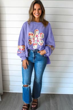image-Pale Khaki Floral Applique Baggy Pullover Sweatshirt