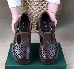 image-Maillard 2024 spring and summer thick heel thick sole casual comfortable breathable hollow single shoes genuine leather round toe soft bottom hole shoes