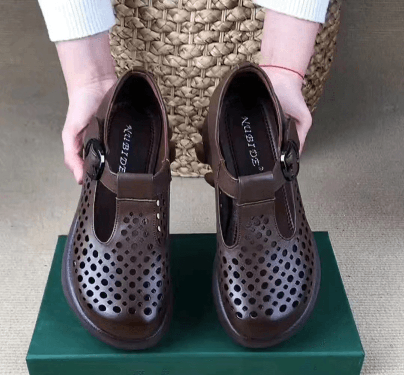 image-Maillard 2024 spring and summer thick heel thick sole casual comfortable breathable hollow single shoes genuine leather round toe soft bottom hole shoes