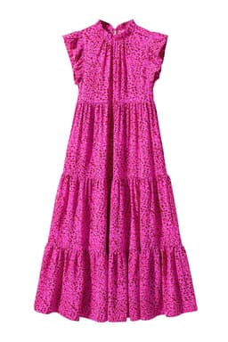 image-Leopard Print Ruffled Tiered Maxi Dress - Rose Red - Elegant Flutter Sleeves