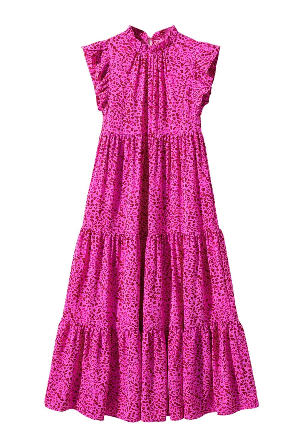 image-Leopard Print Ruffled Tiered Maxi Dress - Rose Red - Elegant Flutter Sleeves