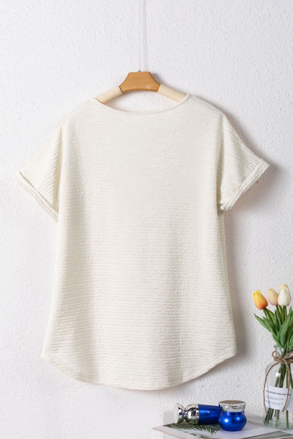 image-Khaki Textured Wide Sleeve V Neck T Shirt