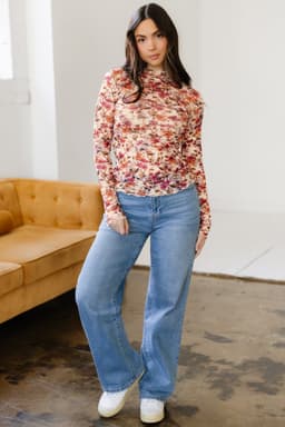 image-Red Lettuce Trim Floral Print Mesh Long Sleeve Top