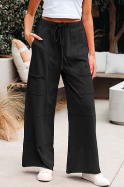 image-Smoke Gray Mineral Wash Exposed Seam Drawstring Elastic Waistband Wide Leg Cargo Pants