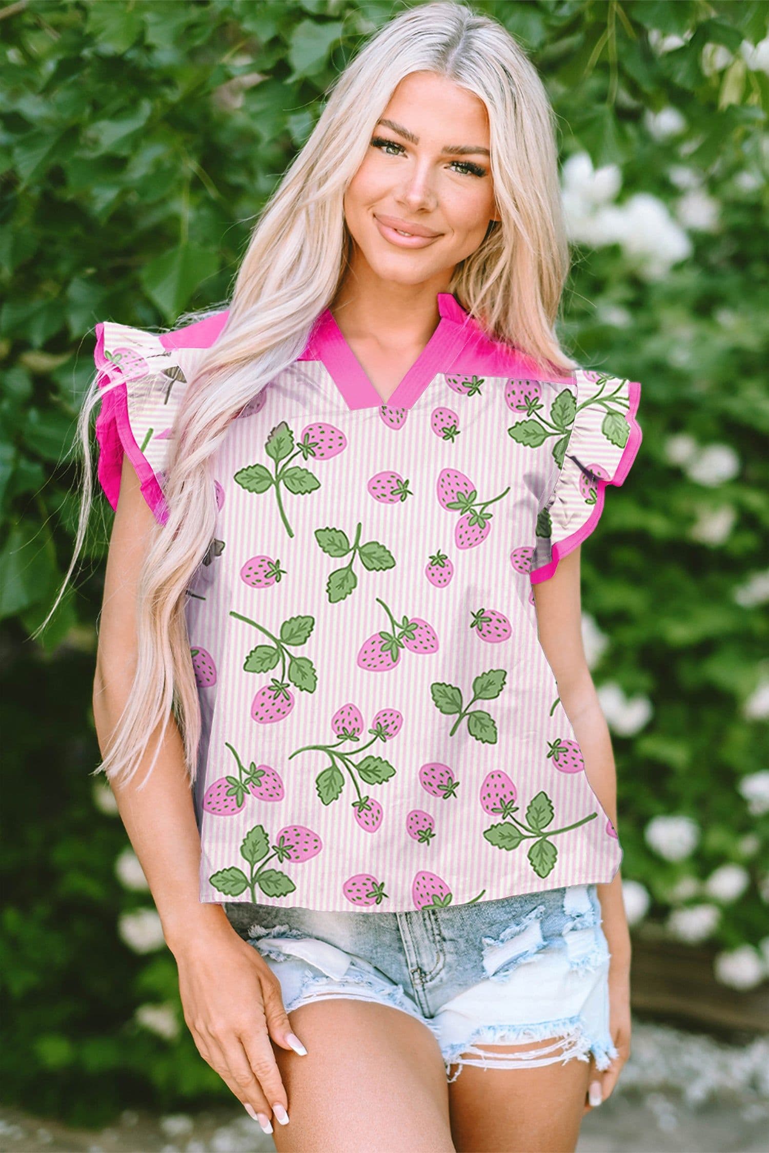 image-Pink Striped Strawberry Blouse - V Neck Flutter Sleeve