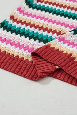 image-Fiery Red Trimmed Ruffle Sleeve Colorful Textured Sweater