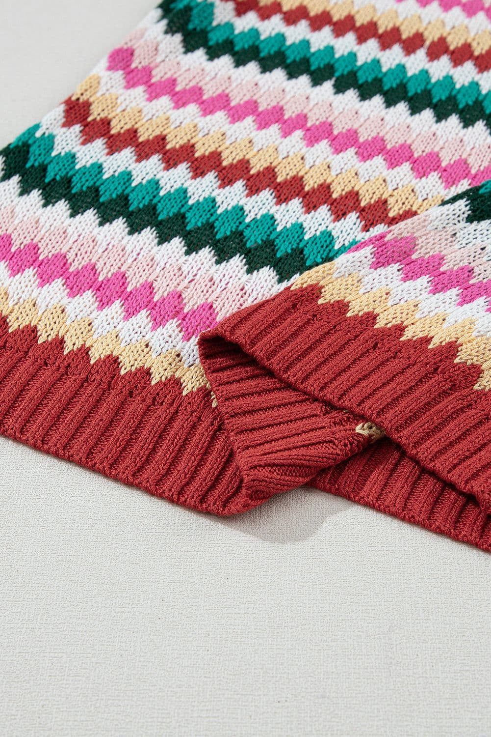 image-Fiery Red Trimmed Ruffle Sleeve Colorful Textured Sweater