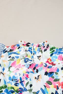 image-Light Blue Floral Print Blouse - Striped Ruffled Sleeves