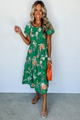 image-Floral Print Bubble Sleeve Midi Dress - Tiered Smocked Design (59 characters)