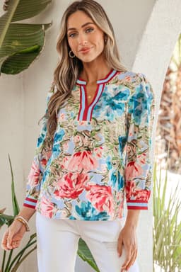 image-Sky Blue Floral Blouse V Neck Cuffed Sleeves