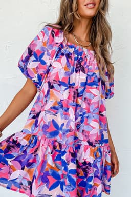 image-Purple Ruffled Short Sleeve Floral Print Dress - Sizes Available (59 characters)