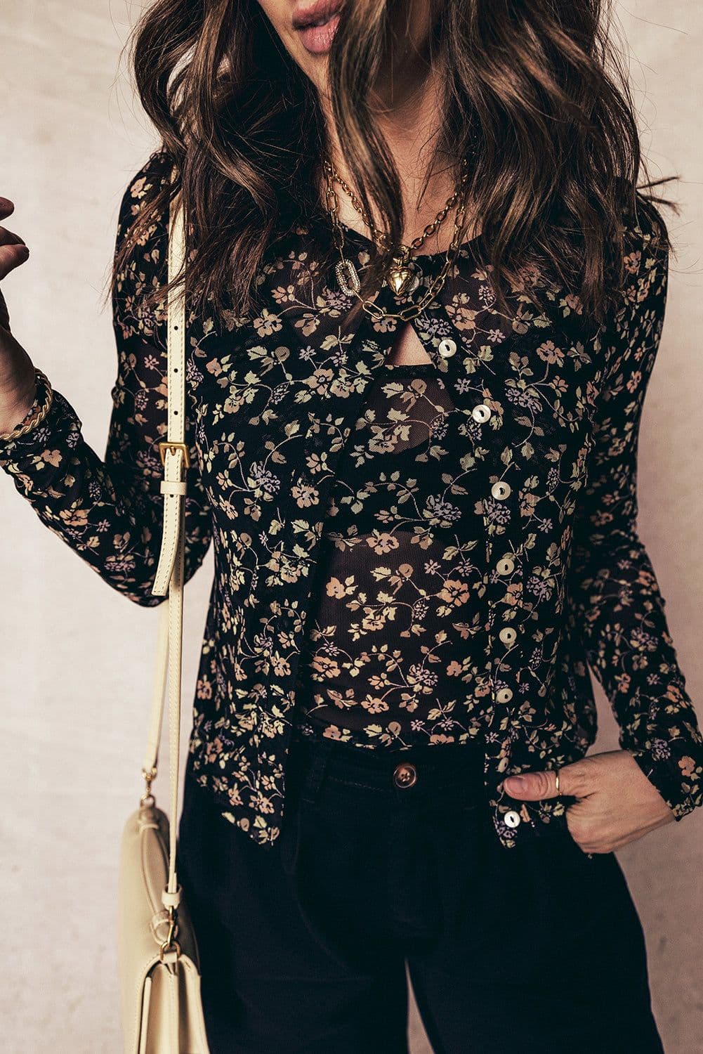 image-Black Floral Print Mesh Tank Button Front Slim Cardigan 2pcs Set